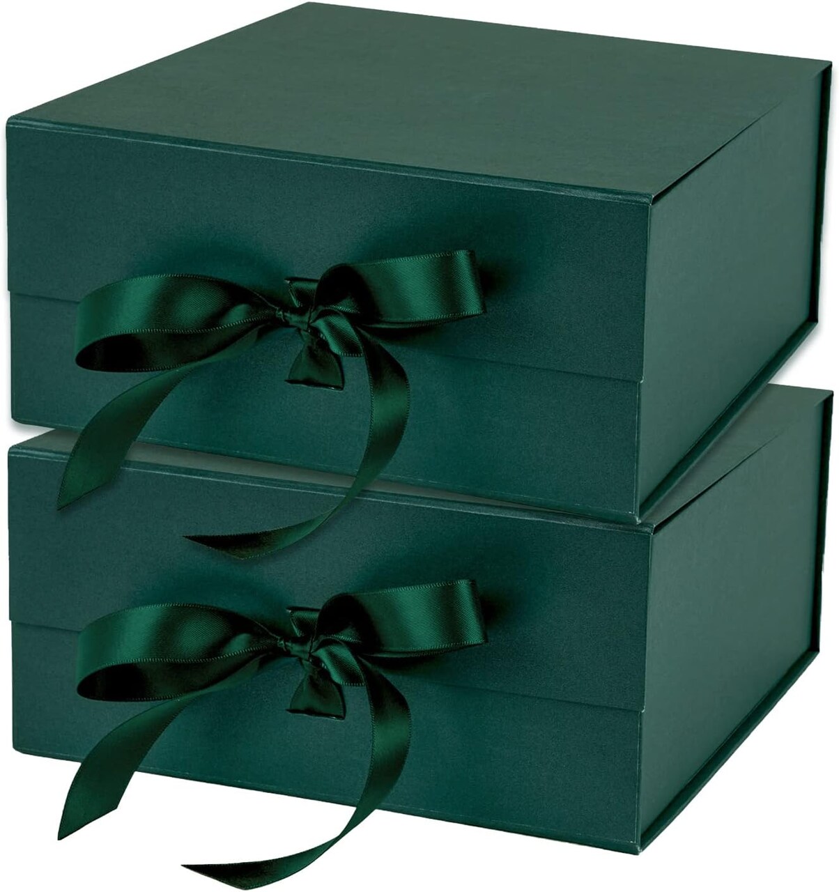 2Pcs Green Gift Box with Satin Ribbon, 8x8x4 Inches Collapsible Gift Box with Magnetic Closure for Party, Wedding, Gift Wrap, Bridesmaid Proposal, Storage